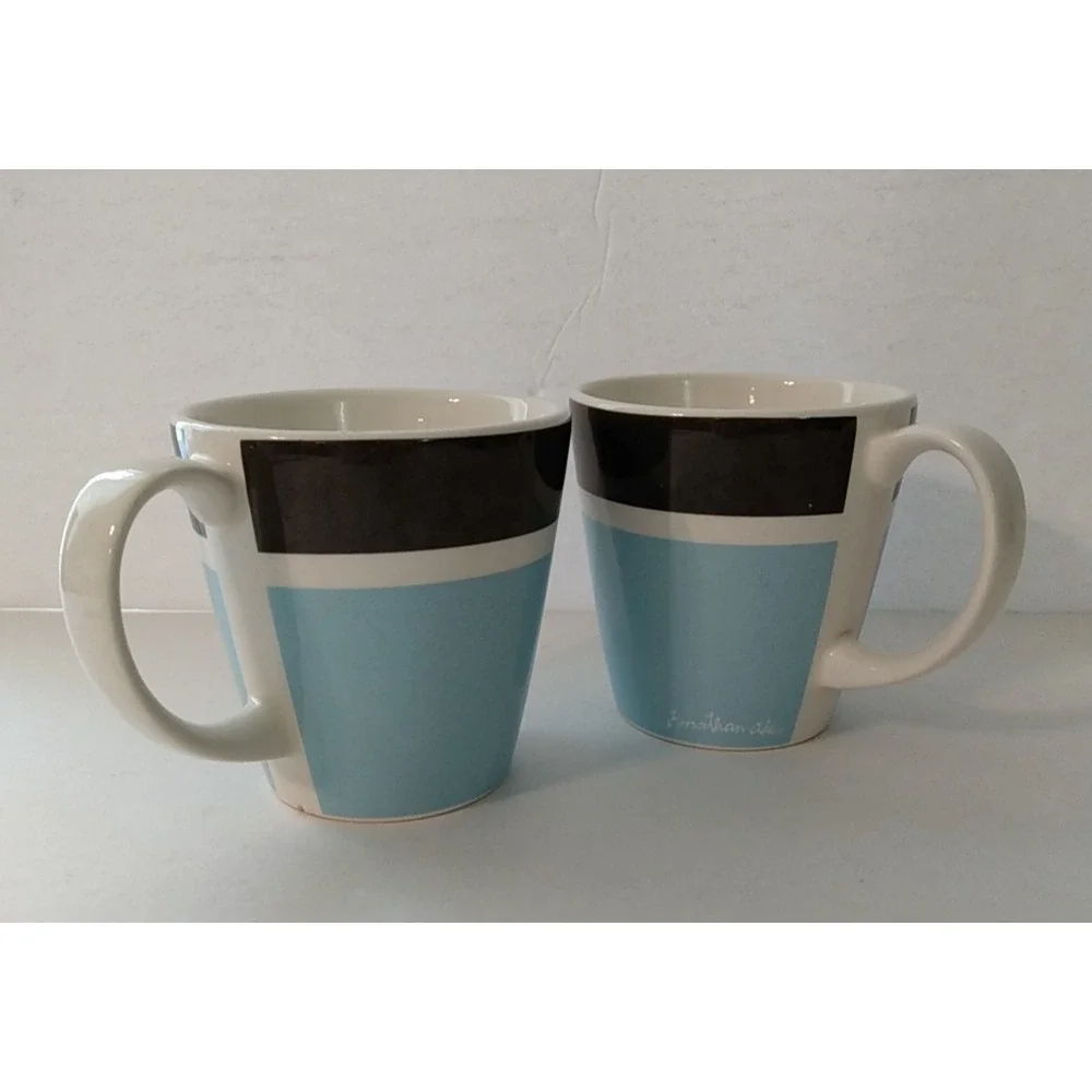 2 Jonathan Adler Palm Beach Basics Happy Home Blue Brown Stripe Coffee Mugs